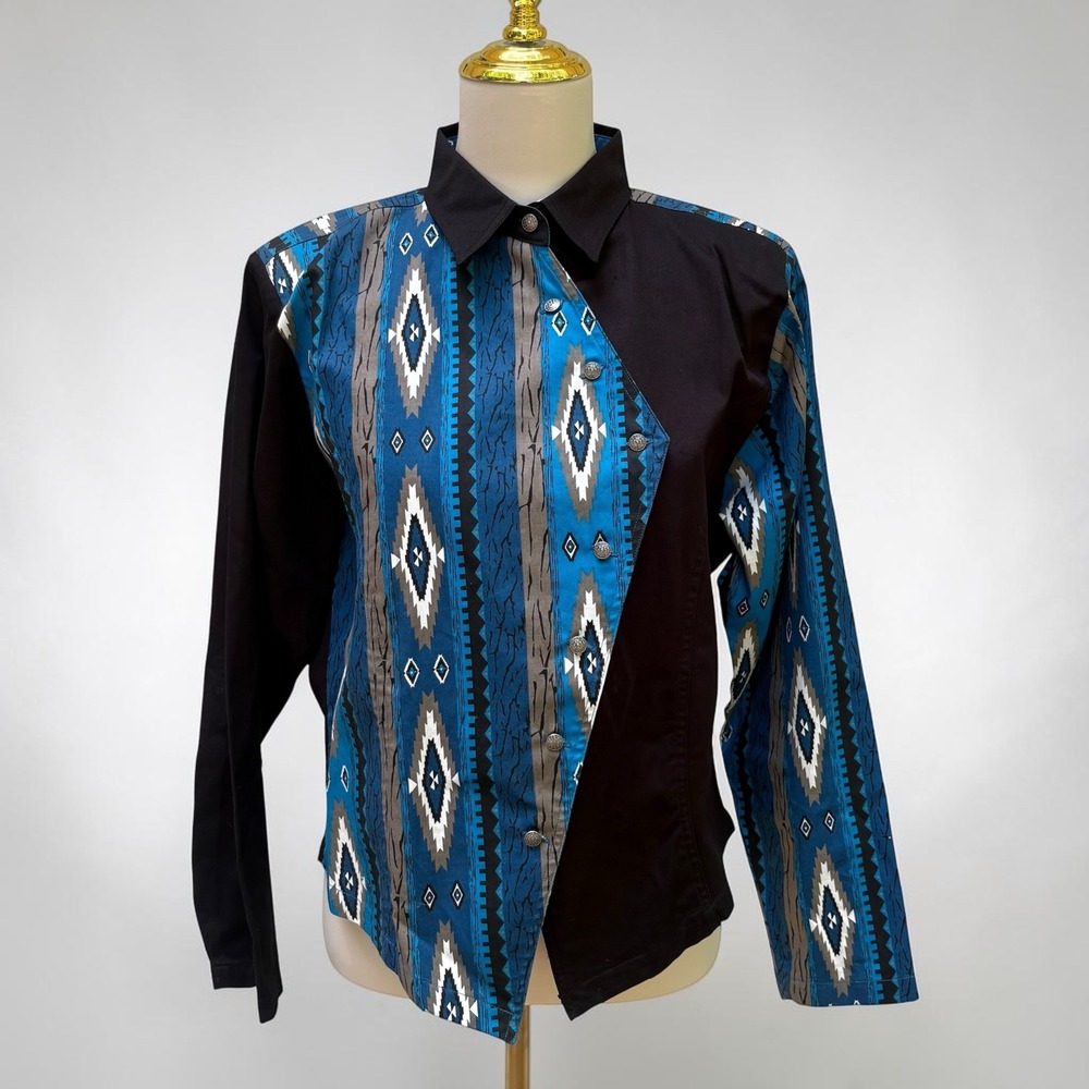 Cumberland Outfitters Western Shirt L Blue Black Southwestern Point Hem Cowgirl - Picture 2 of 10